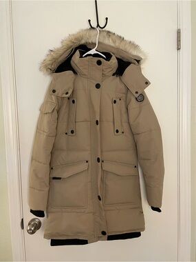 Noize Beige Long Down Parka with Faux-Fur Trimmed Hood